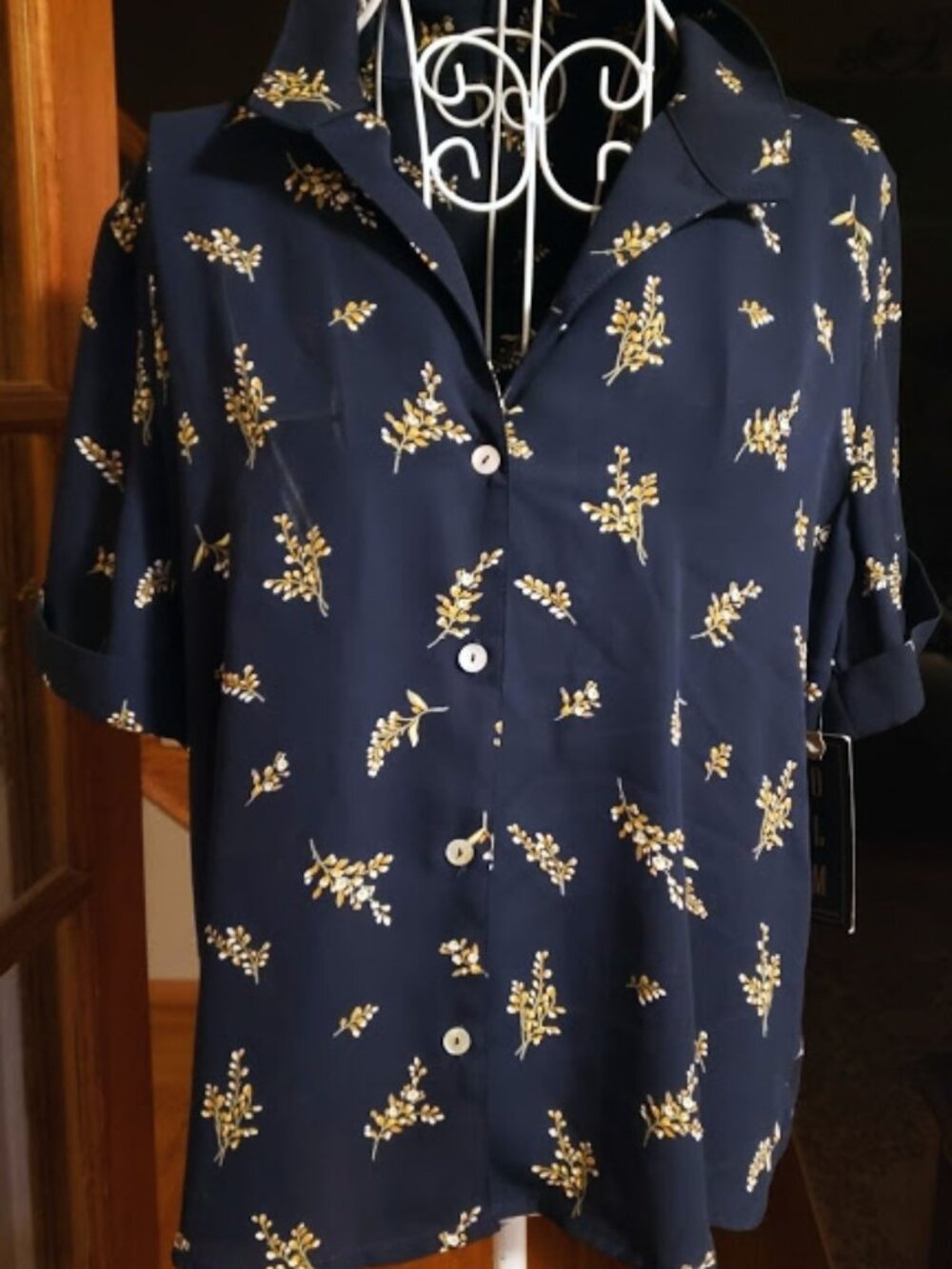 NWT OLM button down navy print blouse sz XL